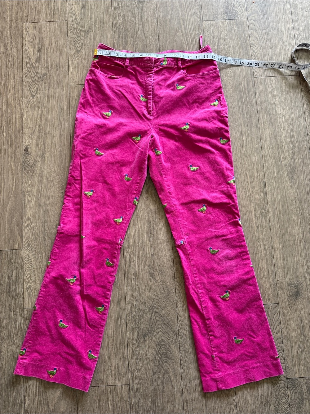 Lilly Pulitzer Fuchsia flared Jeans with Green Embroidered Motifs
